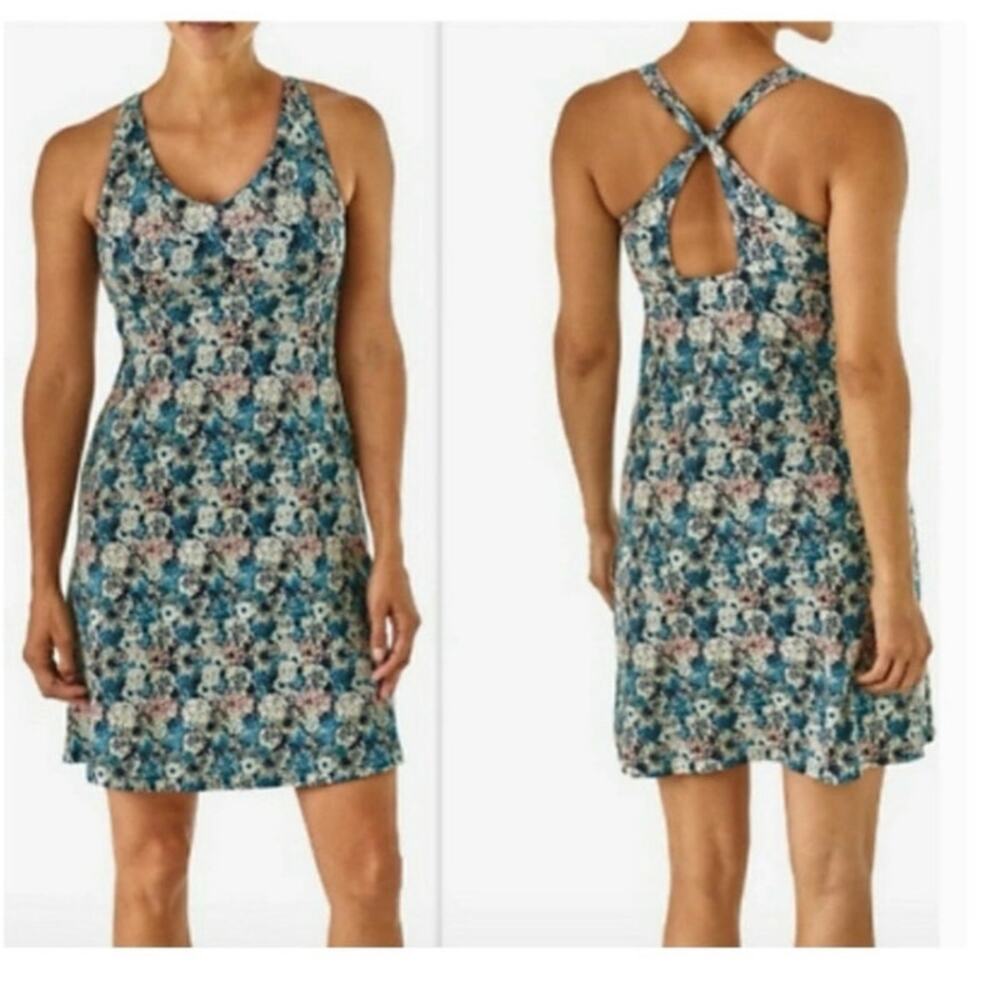 PATAGONIA Women’s Magnolia Spring Dress XS Teal Floral Crossback Hiking Travel